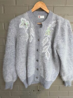 Vintage Bany x Playboy Angora Cardigan L Grey Beaded